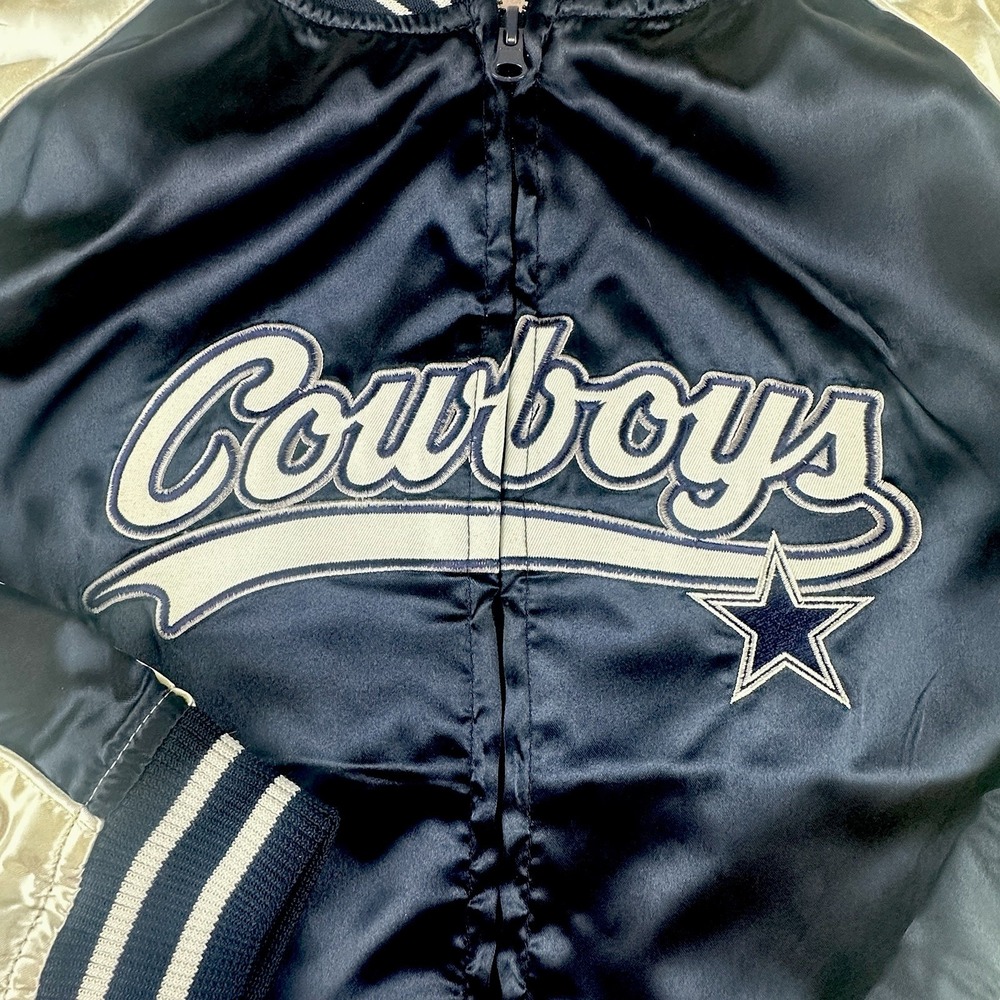 Dallas Cowboys Women's Small Satin Bomber Jacket Navy Silver NFL NWT Varsity - Picture 2 of 11